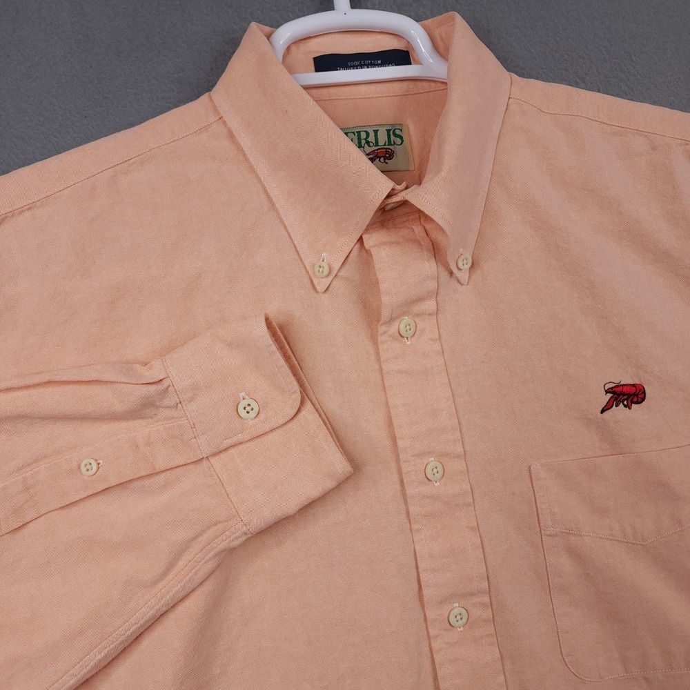 Perlis Mens Crawfish Logo Oxford Button Down Shirt Peach Salmon Long Sleeve L